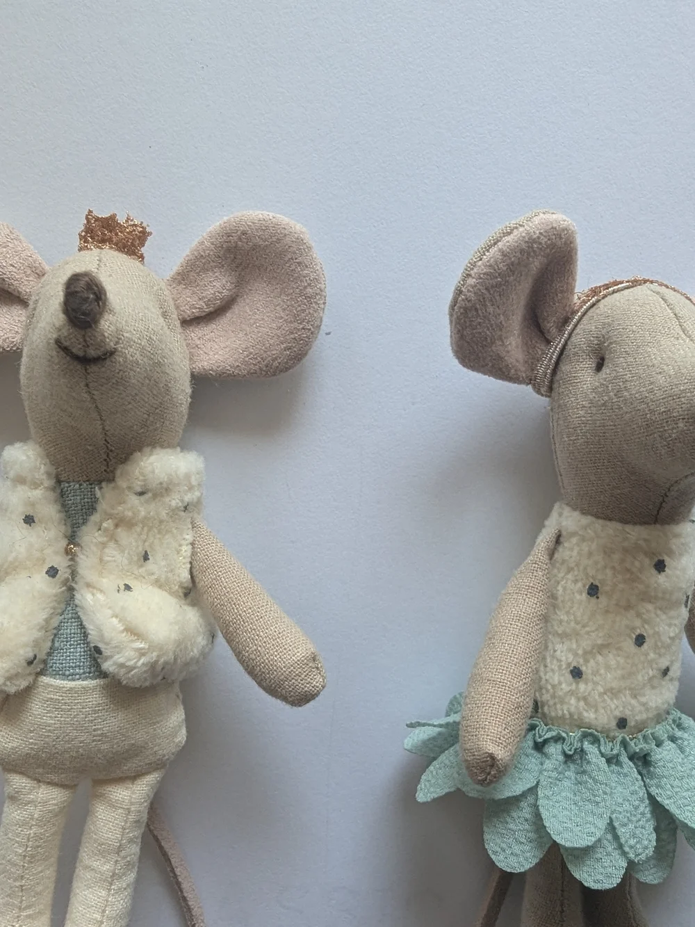 Maileg Royal Twin Mice Plush Dolls Little Sister Brother Crown Green Tutu Suede